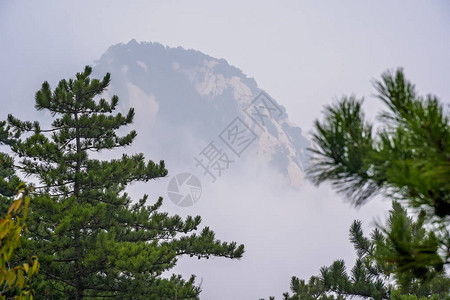 从陕西省著名旅游胜地华山北峰顶的小路上看雾气笼罩的山峰图片