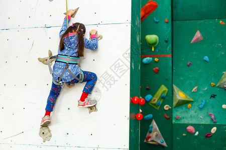 带攀岩墙的休闲公园里的小女孩登山者背景图片
