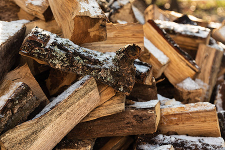 冬天堆放的柴火积雪堆放的木桩作为柴火雪下切碎的柴火在寒冷的冬日图片
