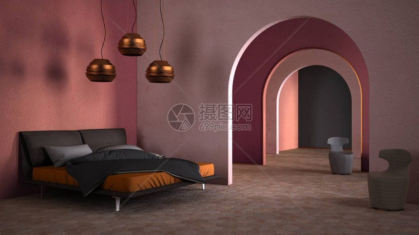 经典形而上学超现实主义室内设计带陶瓷地板的卧室开放空间带灰泥色墙壁和彩色扶手椅的拱门不寻常的建图片