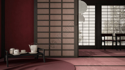 东方室内设计开放空间带蒲团的红色空房间榻米木屋顶米纸门传统茶室地毯带茶具的托盘椅背景图片
