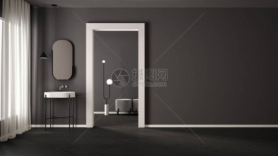 带石膏墙和镶木地板的极简主义浴室图片