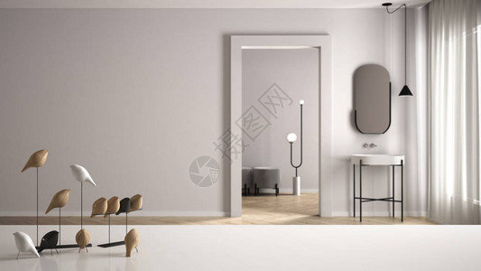 在模糊的现代白色浴室内有洗脸盆镜子和装饰现代室背景图片