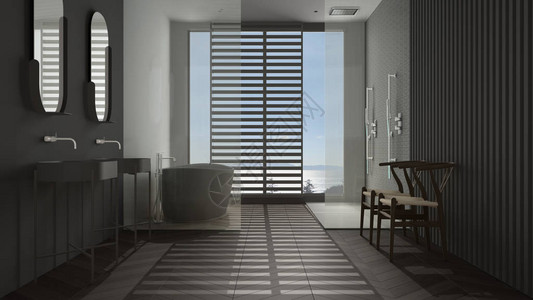 豪华的现代白色和灰色浴室配有人字形镶木地板全景窗户海景浴缸淋浴和双水槽室内设计最小的图片