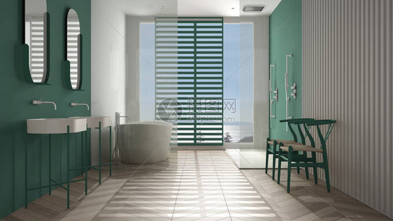豪华的现代白色和绿松石浴室配有人字形镶木地板全景窗户海景浴缸淋浴和双水槽室内设计最小的图片