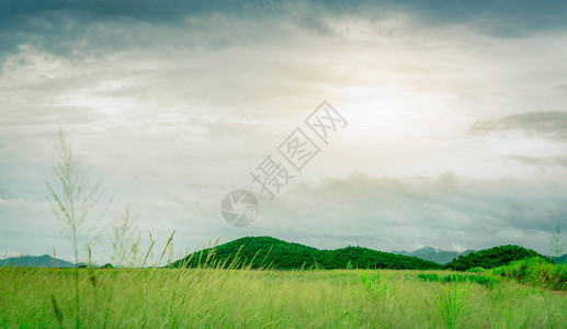 乡村山前的绿草场自然景观农场的绿草地雨后的天空图片