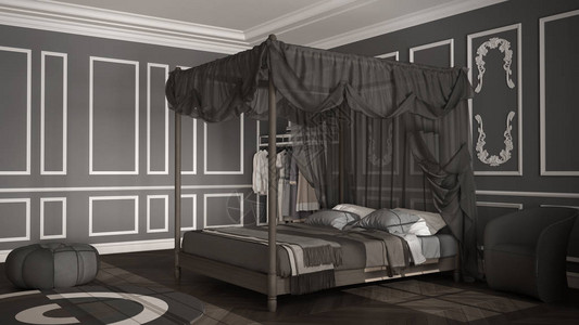 经典豪华卧室酒店套房人字形镶木地板灰泥模制墙壁带枕头和毯子的双人天蓬床带坐垫的地毯扶手椅白色和图片