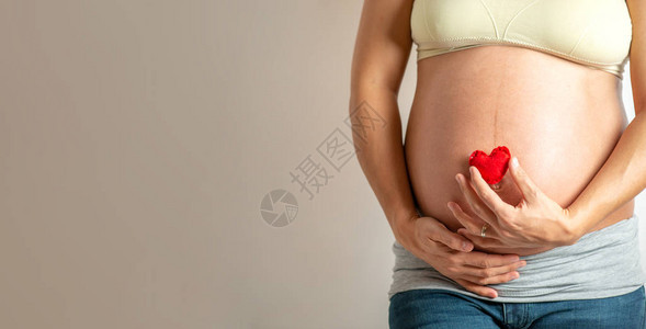 美丽孕妇的裁剪图像手中的红心图片