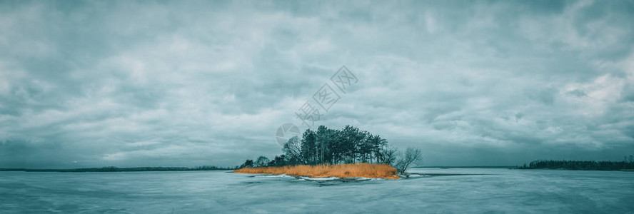 在结冰的湖中央的小岛图片