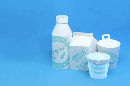 各种纸制品纸盒和瓶装牛奶酸奶冰淇淋和干酪纸艺和工艺体积手工纸对象最小的背景图片