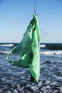 在一个鱼钩上关闭一个用过的绿色塑料袋图片