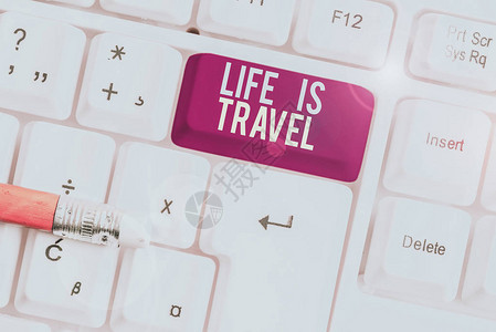 显示生活就是旅行的文字符号商务照片文本于多样旅游推广地标白色pc键盘图片