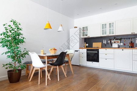 舒适厨房餐厅白色家具墙壁黑色配饰天然材料木椅盆中绿花的现代内饰年轻公寓的概念斯堪背景图片