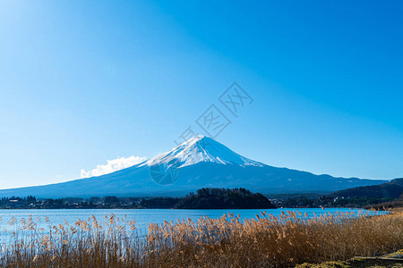 日本河口湖和蓝天的美丽富士山图片