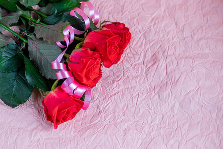 粉红色背景的母亲节妇女节情人节或生日玫瑰和盒子包装祝贺横幅图片
