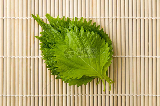 竹卷垫上的新鲜绿色紫苏图片