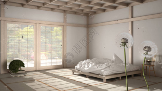 带有木床榻米蒲团和大窗户的禅宗卧室图片