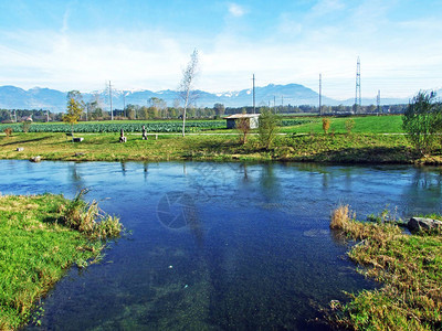 RheintalerBinnenkanal河位于RuthiSG或RuethiSG村和莱茵河谷Rheintal圣加仑州S图片
