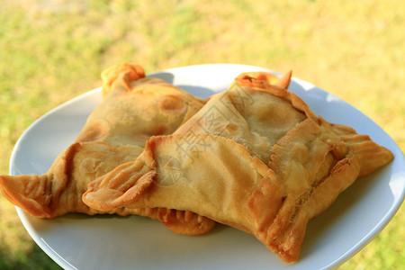 白盘上的智利牛肉馅饼EmpanadadePino和蟹肉馅饼图片