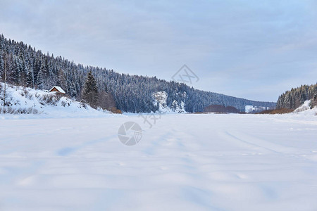 寒冷的河水大冻在一个雪白的森林山谷中图片