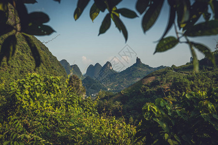 广西省永秀的美丽绿色潮湿和稠密喀克山脉风景之眼希雅贡山观背景图片