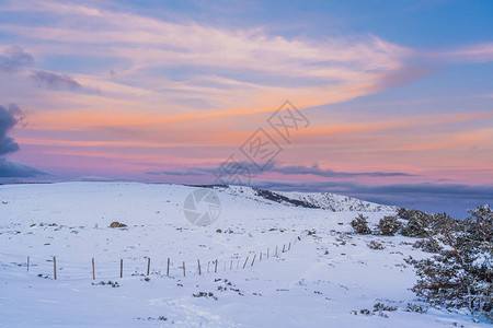 日落时的雪景观有一片背景图片