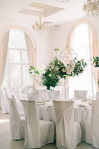 设计婚桌时精细的玫瑰花和新鲜绿色新绿菜图片
