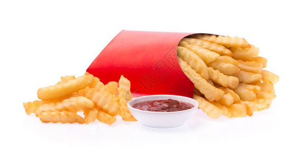 红纸袋里的薯条炸薯条加上白背景孤图片