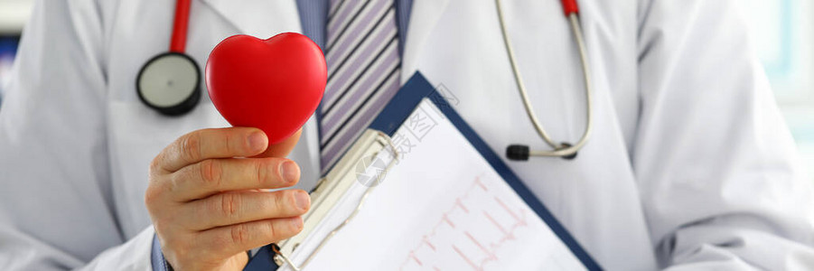 男医学生手拿着红色玩具心脏和心电图表在剪贴板特写心脏治疗医师做心脏物理心率测量图片