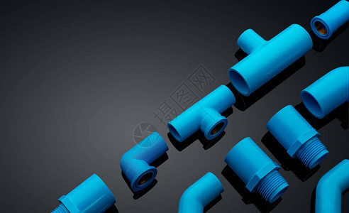 一套蓝色PVC管件隔离在深色背景上蓝色塑料水管道用配件水管工设备用于排水污的弯曲和三图片