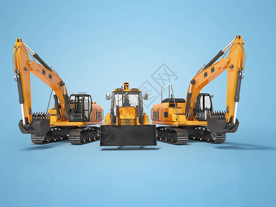3D使橙色建筑机械多功能拖拉机和履带式挖土机在蓝色背景加上影图片