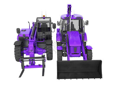 3D使紫装货设备背鞋装载器和挖掘机在白色背景上无影子的图片