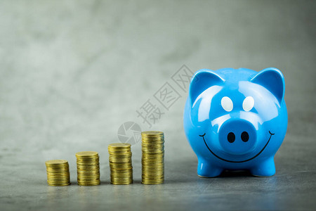 黑背景的种植和蓝小猪银行的堆积货币硬为投资和为未来节省资金概图片