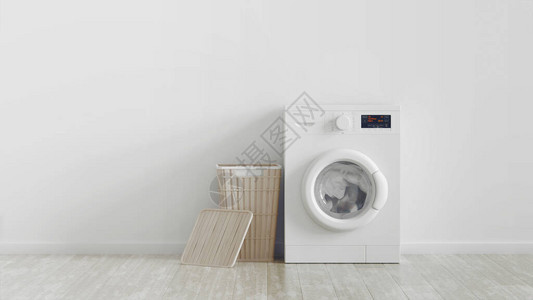 现代洗衣机篮子洗衣服和室内家用衣物室图片