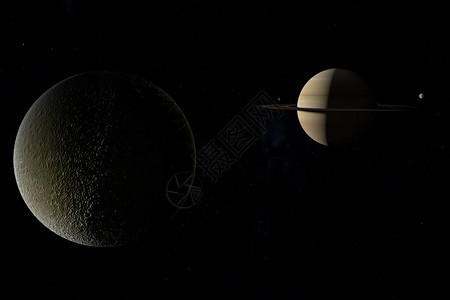 Rhea与土星Mimas和Tethys背景的土星Mimas和Teth图片