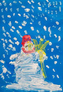 儿童画致力于冬季雪人雪落图片