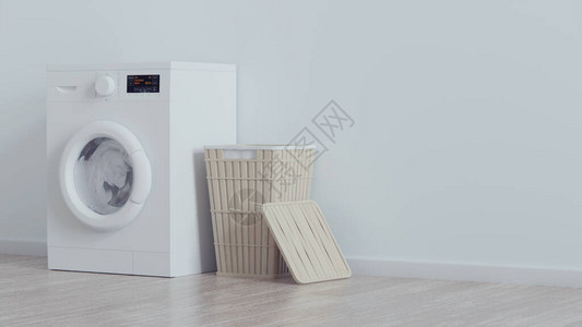 现代洗衣机篮子洗衣服和室内装的家用衣图片