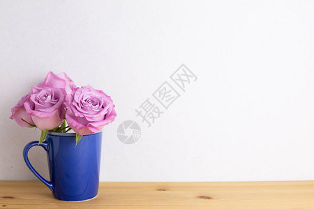 白色背景的木制桌布上陶瓷杯中的紫玫瑰花图片