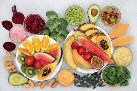 用水果蔬菜意大利面豆类和坚果增强免疫系统的素食健康食品图片