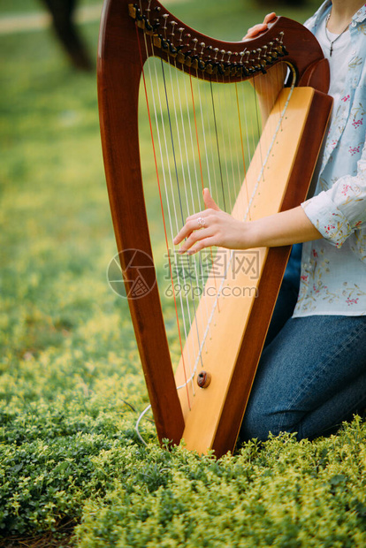 女竖琴手坐着弹琴在盛开的春花图片
