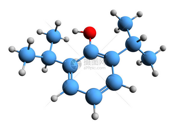 白底隔离的短期药物短效药物的分子化学结构3D型propolovol骨骼图片