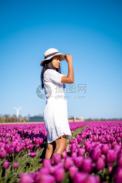 荷兰郁金香田里穿着裙子和夏帽的女人图片