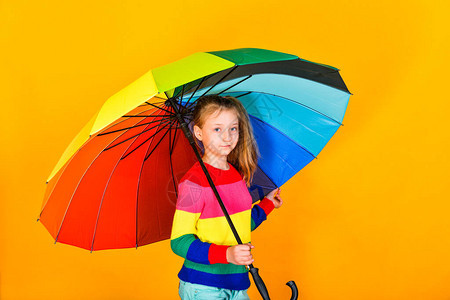 身穿彩色毛衣的女孩手上握着多色雨伞在黄色背景一个孩子和图片