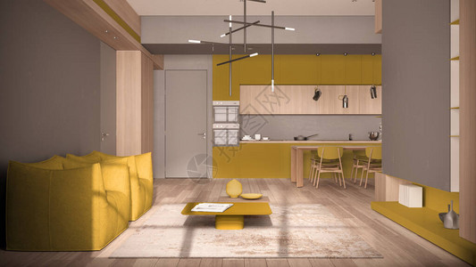 黄色调的简约客厅和厨房图片