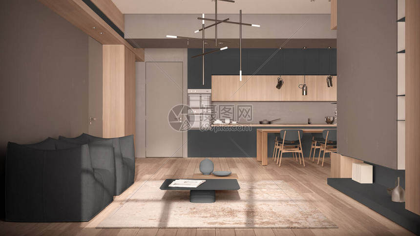 简约的客厅和厨房采用灰色调图片