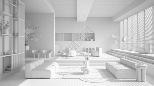全白色项目草图现代客厅沙发扶手椅地毯桌子台阶和盆栽植物吊灯室内设计氛图片