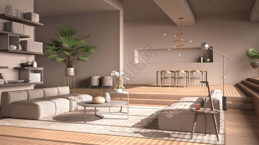 米色调的现代大厅带台阶的镶木橡地板的开放空间沙发地毯和咖啡桌带椅子和灯的餐桌简图片