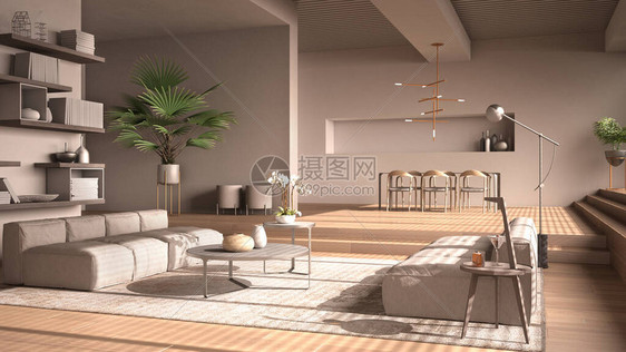 米色调的现代大厅带台阶的镶木橡地板的开放空间沙发地毯和咖啡桌带椅子和灯的餐桌简图片