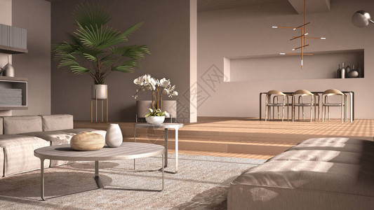 米色调的现代大厅带台阶的镶木橡地板的开放空间沙发地毯和咖啡桌带椅子和灯的餐桌简背景图片