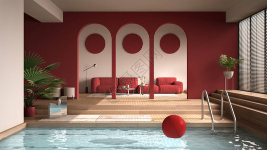 红色调的简约色彩带镶木橡地板的开放空间台阶拱门沙发地毯和盆栽植物游泳池图片